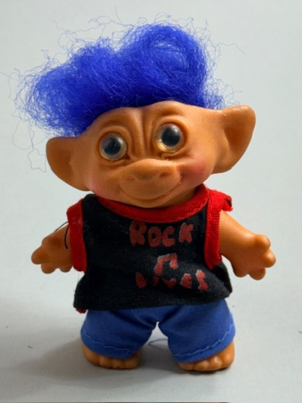 Vintage Russ Berrie Troll Toy Figure Pixie Elf Blue Short Hair Rock Roll Shirt